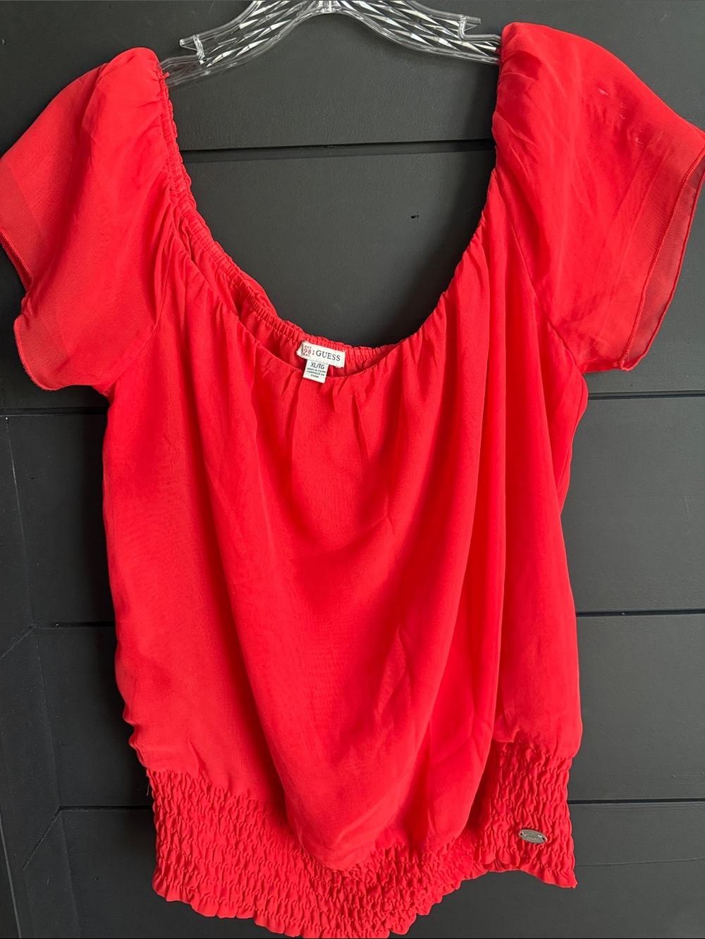 Guess Red Short-Sleeve Smocked-Hem Blouse